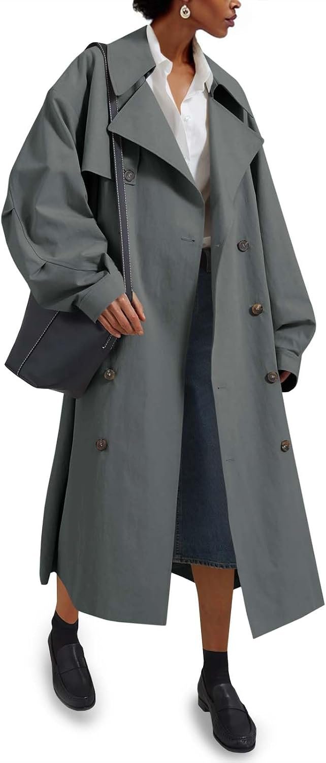 Womens Double Breasted Long Trench Coat Oversized Classic Lapel Belted Overcoat