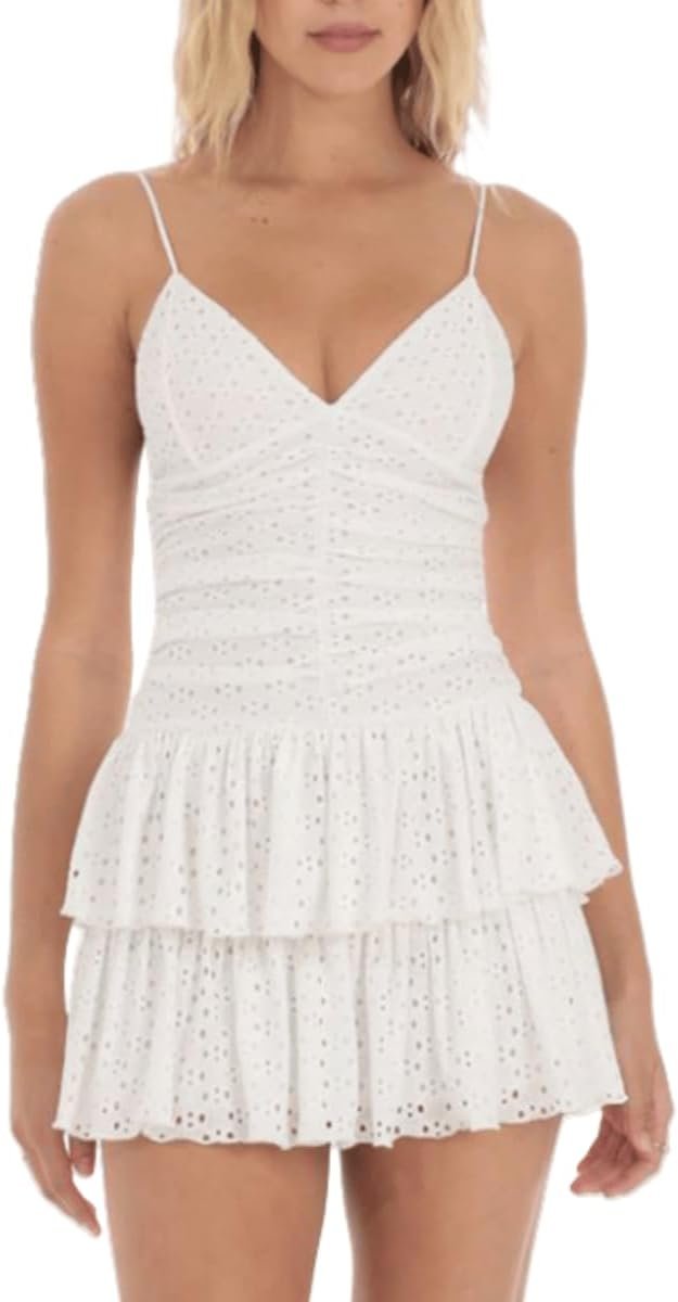 Women's Deep V-Neck Spaghetti Strap Casual Tiered Mini Dresses Summer Layer Ruffle Hem Short Dress