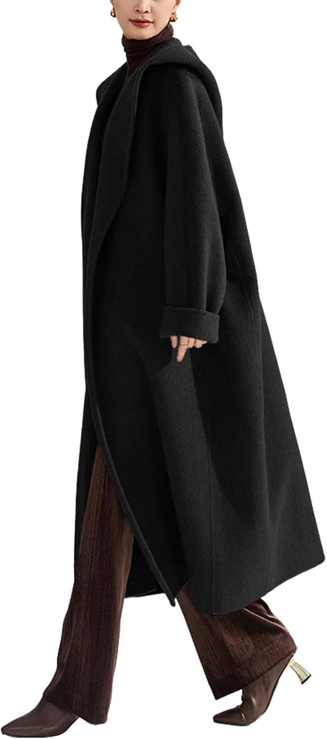 Women's Winter Belted Wool Coat Lapel Collar Pea Coat Open Front Long Wool Trench Coat with Hood