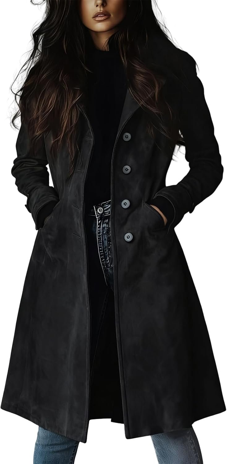 Womens Long Suede Trench Coat Single Breasted Leather Trench Overcoat with Pocket