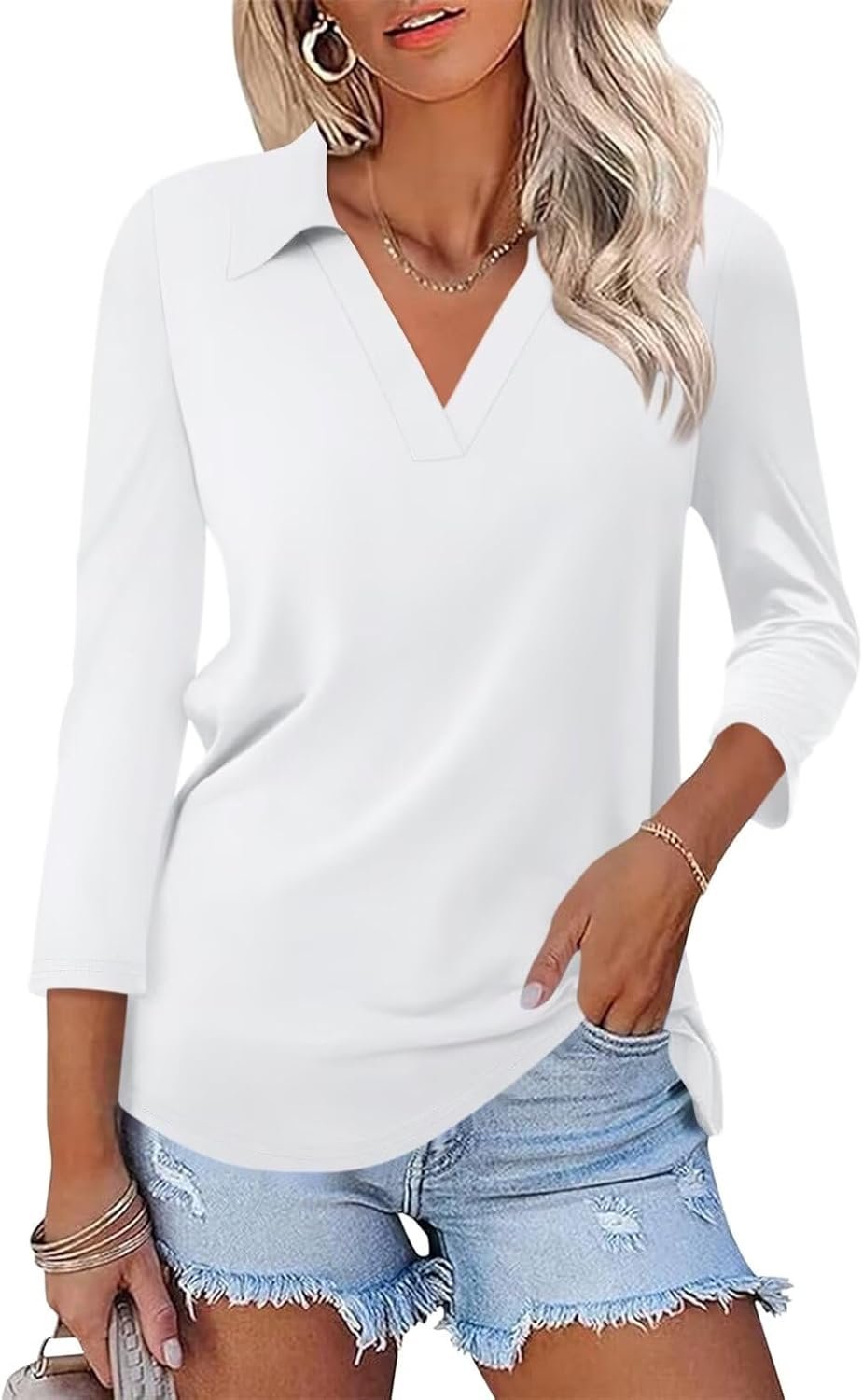 Women's 3/4 Sleeve V-Neck Collared Polo Shirt
