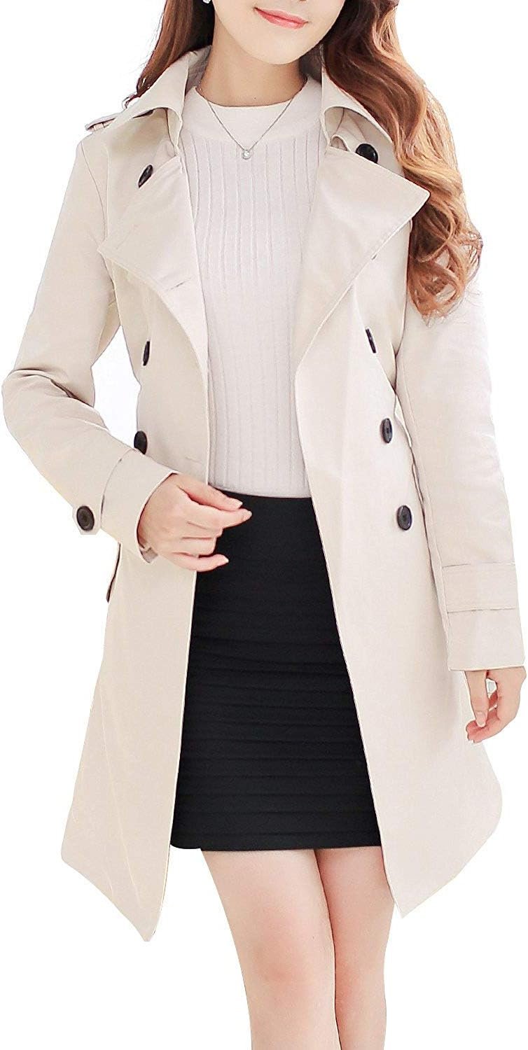 Women's Double-Breasted Trench Coat Classic Lapel Overcoat Slim Outerwear Waterproof Coat with Belt Buckle