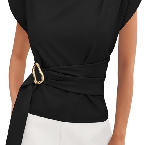 Women Blouses Spring Dressy Cap Sleeve Mock Neck Work Shirts Buckle Summer Business Casual Tops
