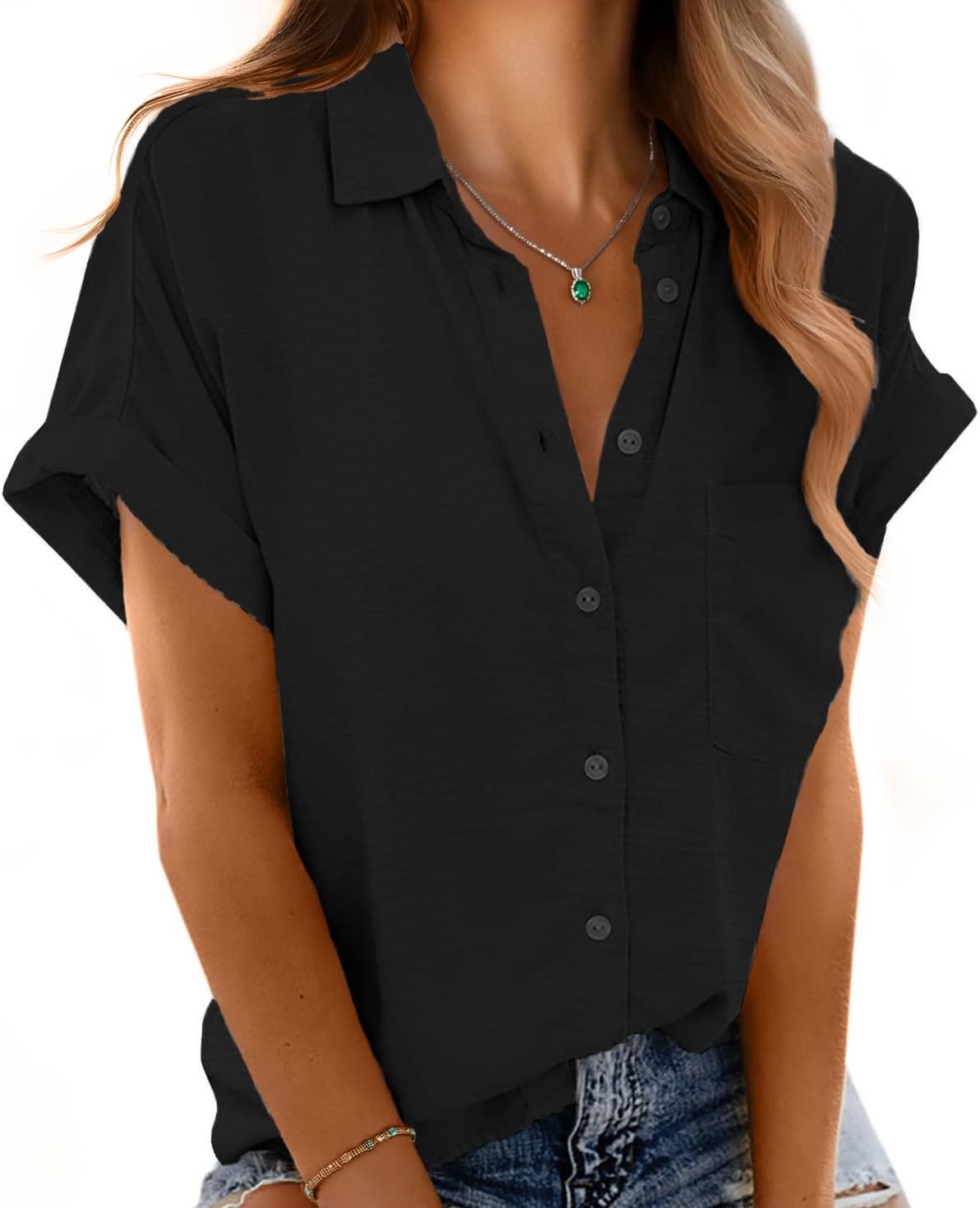 V-Neck Roll-Sleeve Pocket Shirt