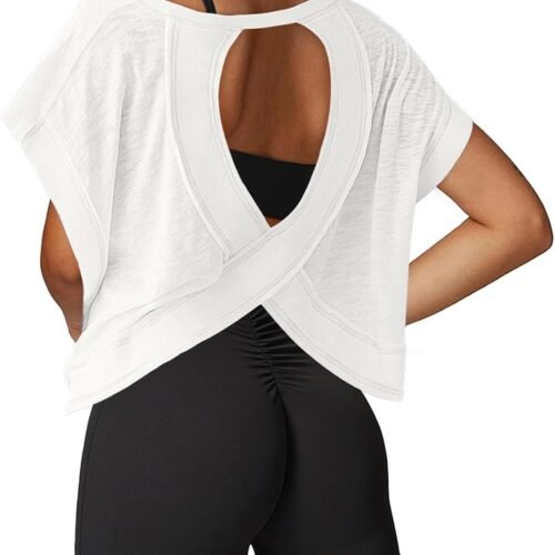 Open Back Workout Tops for Women Loose Fit Athletic Crop Tee Short Sleeve Gym Running Yoga Shirt