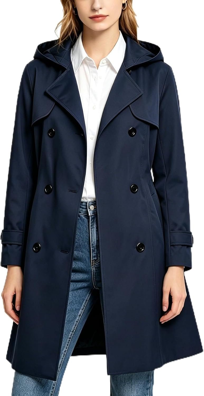 Women's Waterproof Trench Coat Long Double Breasted Windbreaker Classic Belted Lapel Overcoat with Removable Hood