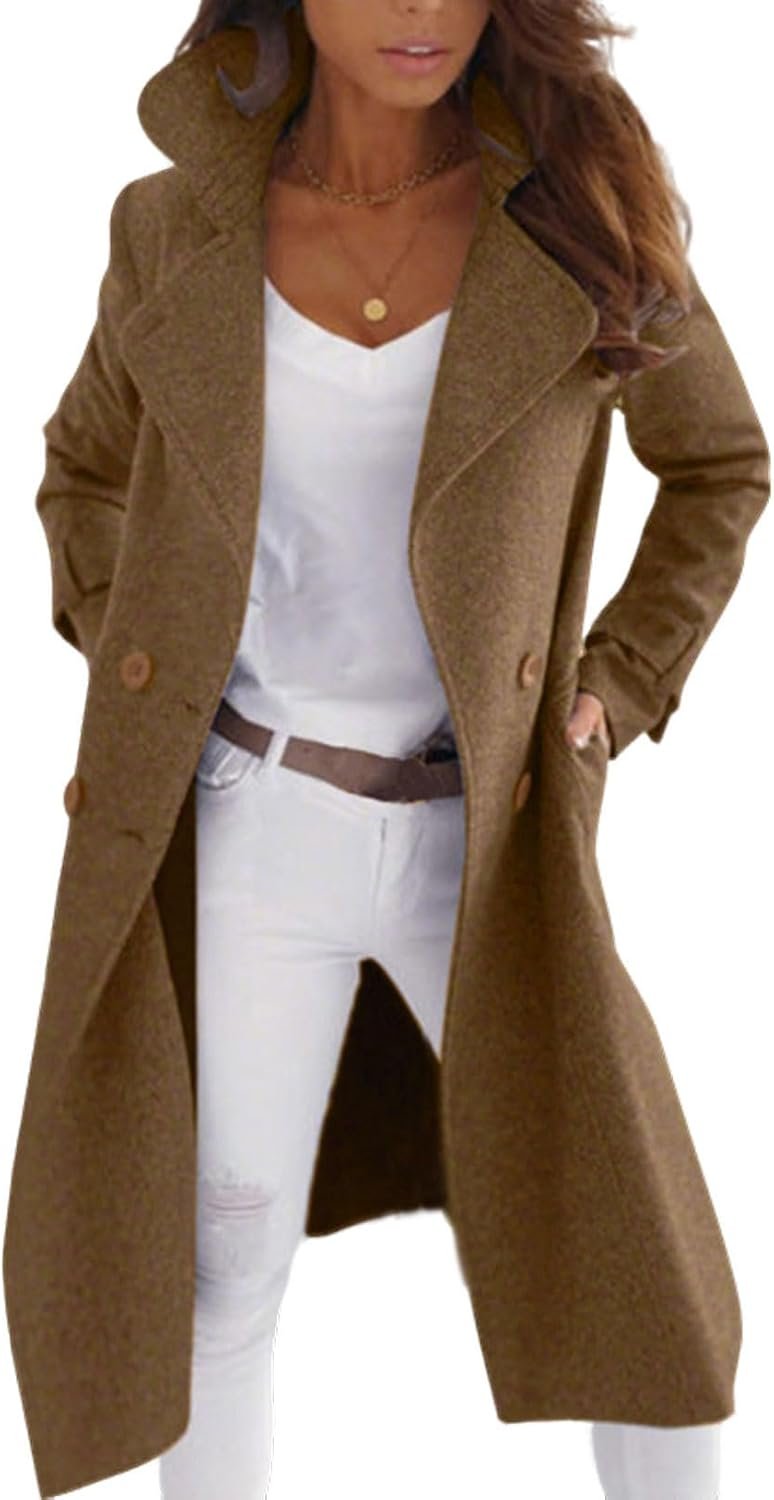 Women Elegant Double Breast Wool Blend Pea Coat Winter Long Coats Jacket Overcoat
