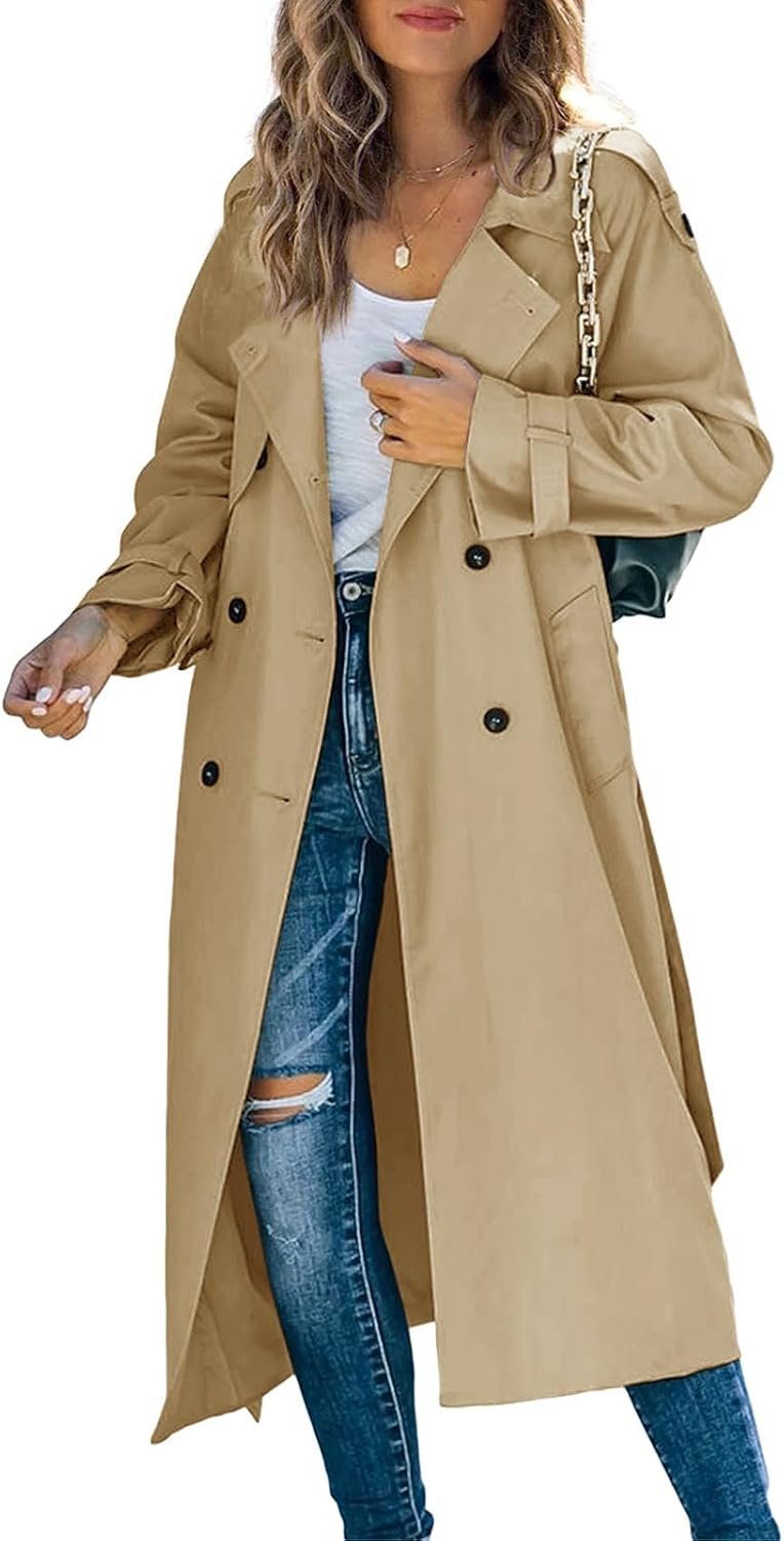 Women's Double Breasted Long Trench Coat Windproof Classic Lapel Slim Overcoat with Belt
