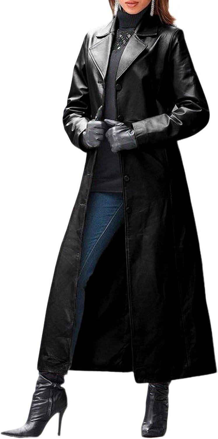 Womens Faux Leather Trench Coat Classic Lapel Button Down Maxi Jacket  Stylish Overcoat