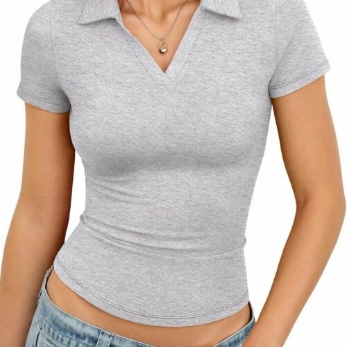 Women Cotton Polo Shirt Short Sleeve V Neck Fitted Baby Tee Summer Going Out Top Collared Business Casual Outfit
