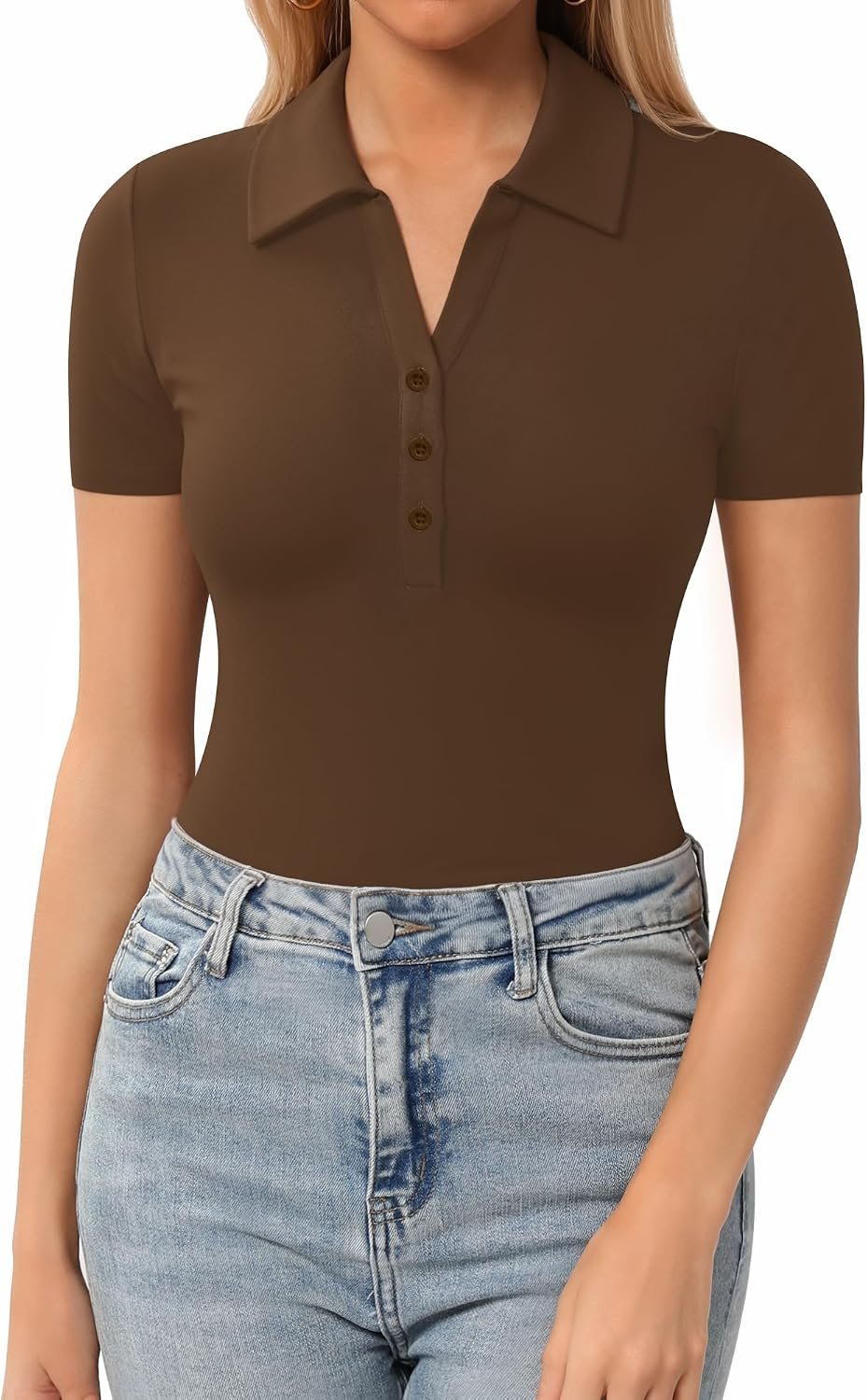 Women's Slim-Fit Collared Button-Front Polo Shirt