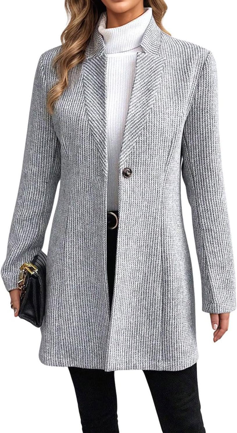Womens Long Sleeve Casual Wool Jacket Blazer 1 Button Winter Coat Mid-Long Stand Collar Open Front Overcoat