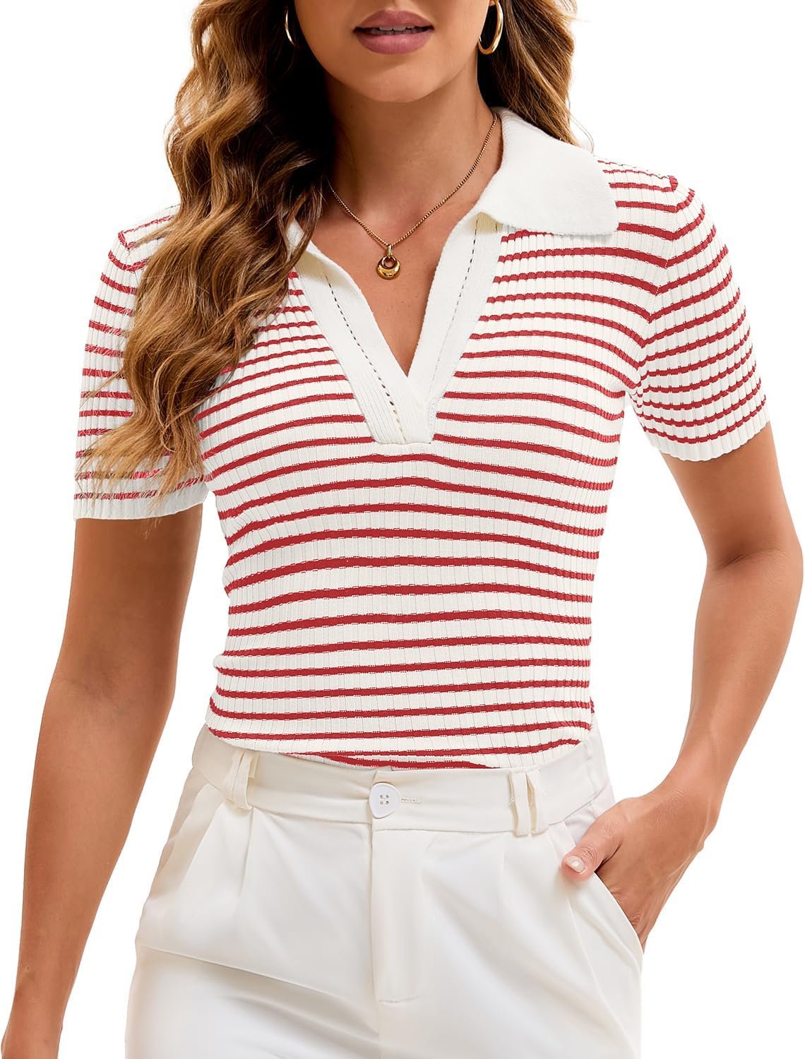 Women's Striped Knit Collared Polo Shirt