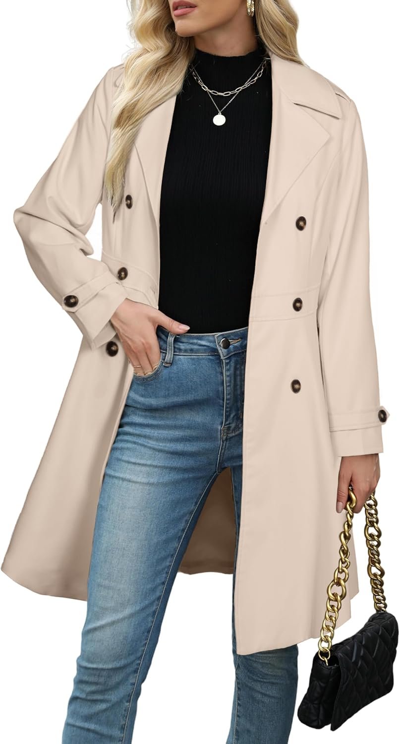 Womens Trench Coat Double-Breasted Long Dressy Windbreaker Overcoat Fall Winter Outerwear