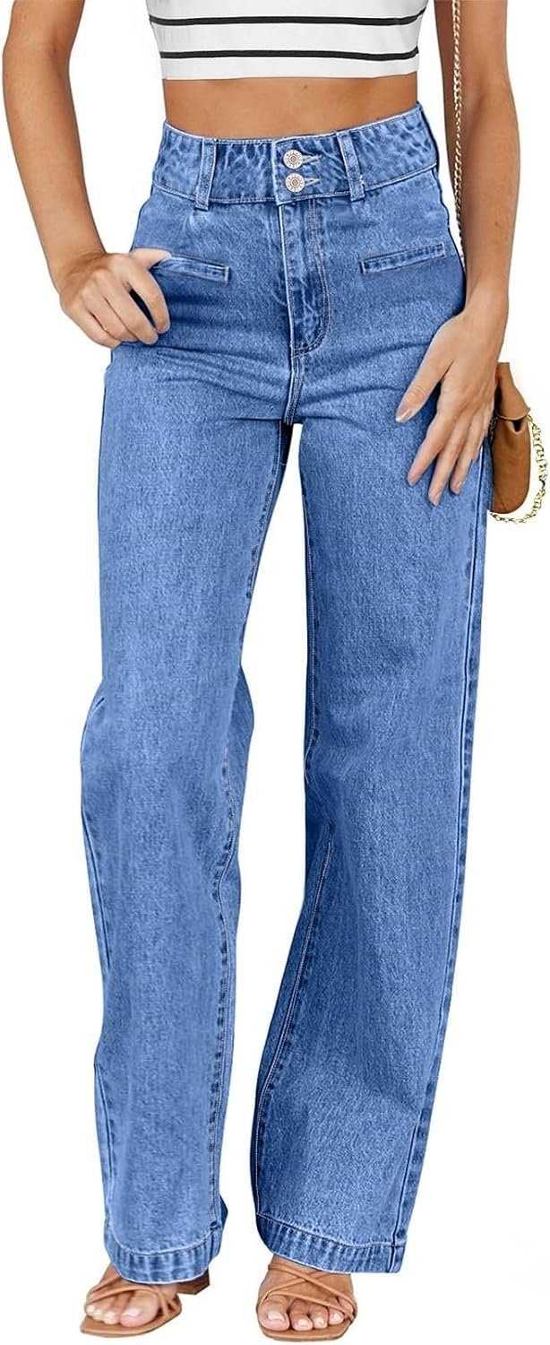 Women's Jeans High Waisted Straight Leg Stretchy Jeans Trendy Loose Wide Leg  Denim Pants with Pockets