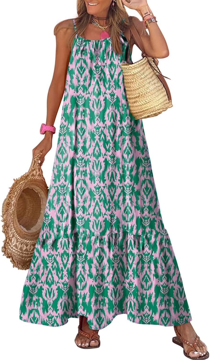 Women Summer Dresses  Spaghetti Strap Scoop Neck Smocked Ruffle Flowy Boho Maxi Dress