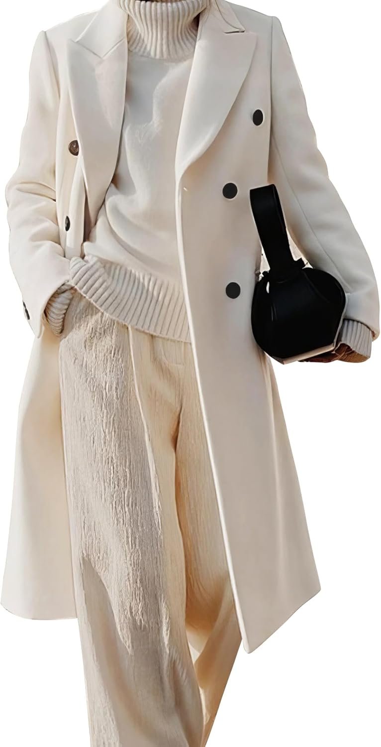 Womens Long Wool Coats Fall Winter Double Breasted Trench Coat Peacoat