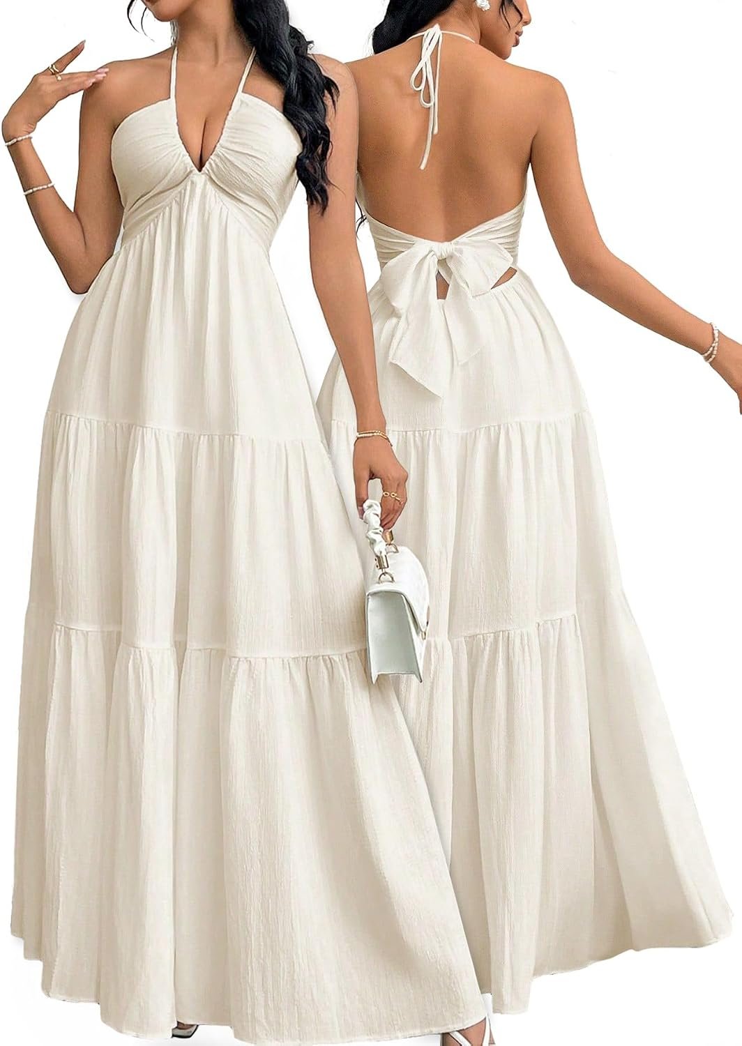 Women's Maxi Summer Dresses Halter V Neck Beach Dresses for Women A-Line Casual Dress for Vacation