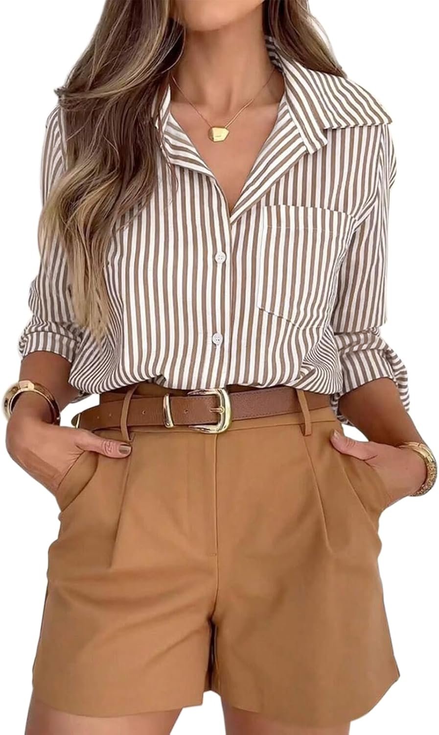 Solid-Color Striped Casual Shirt