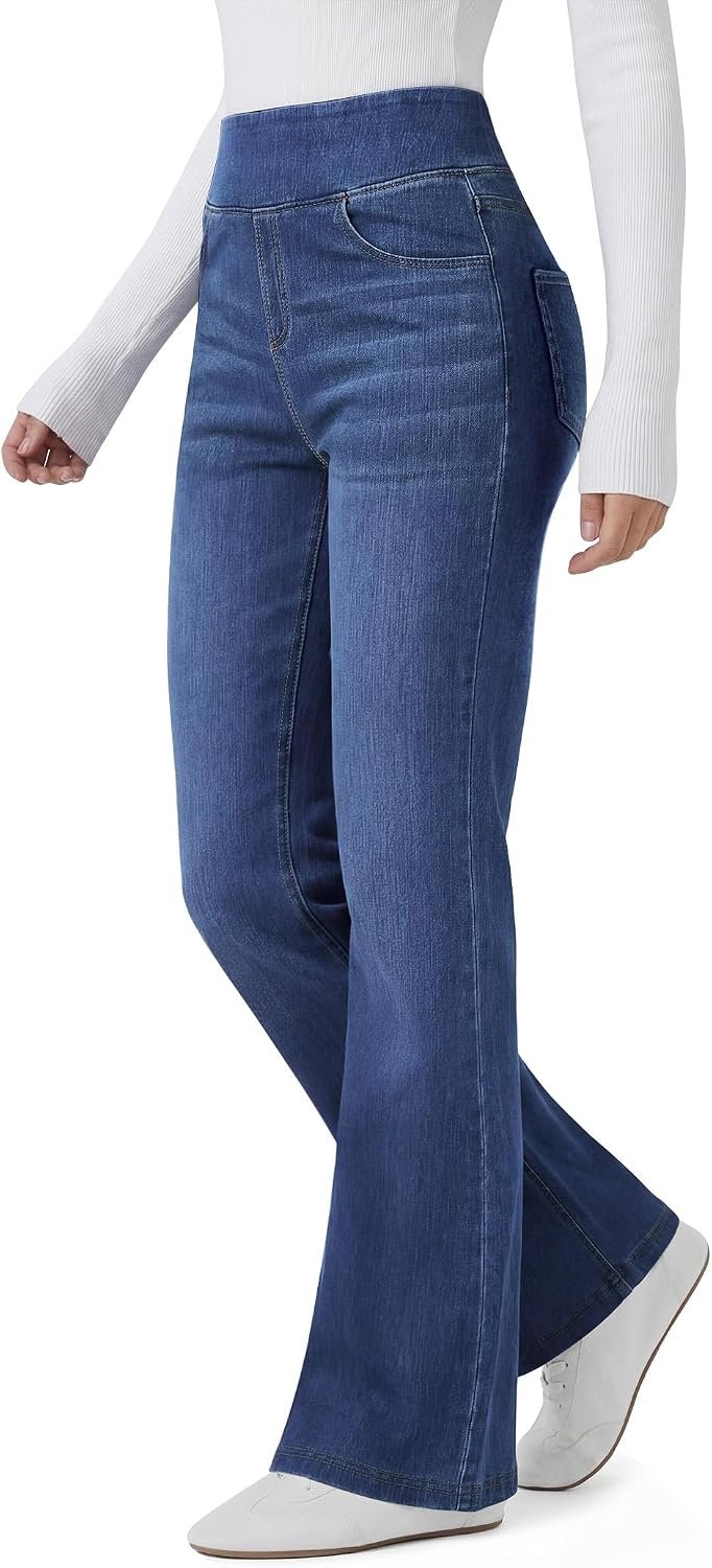 Women??s Trendy Stretchy Flare Jeans High Waisted Wide Leg Bootcut Jeans Pull On Casual Loose Denim Pants