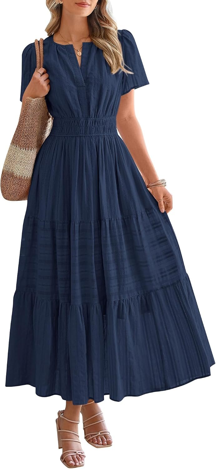 Womens Summer  Casual Midi Maxi Dresses Lightweight Short Sleeve V Neck Elastic Waist Boho Beach Dress Pockets
