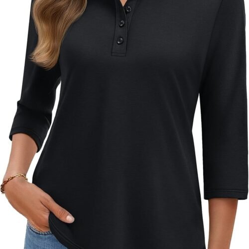 Polo Shirts for Women 3/4 Sleeve Tops Golf Tees 5 Button Collared Cotton Shirt Business Casual