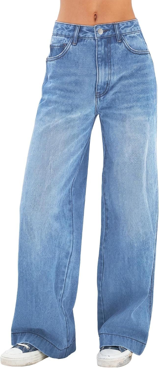 Women's  Wide Leg Jeans Distress High Waist Stretchy Denim Pants Y2K Trousers Clothing