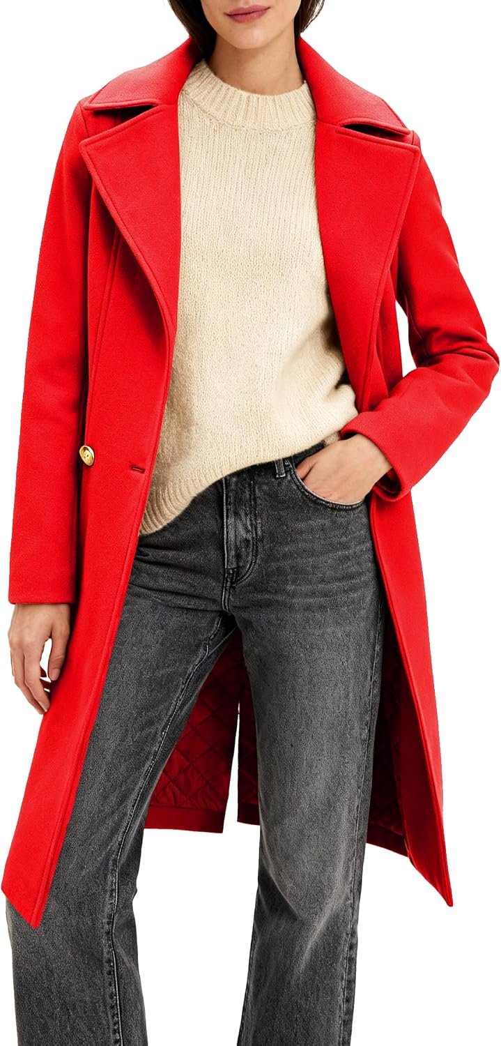 Women's Long Notch Lapel Coat, Double-Breasted Peacoat, Casual Classic Fall Winter Overcoat
