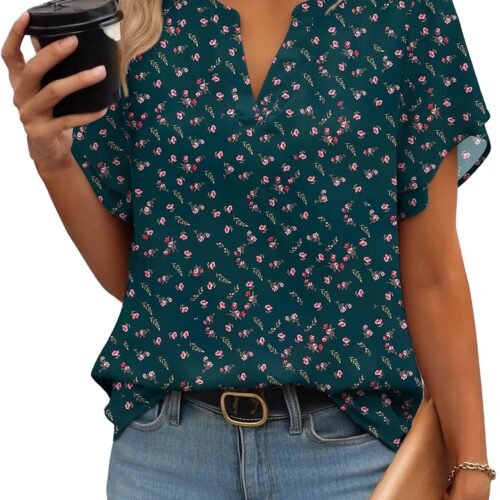 Women Dressy Casual Shirts Short Sleeve V Neck Work Blouse Business Casual Summer Chiffon Tops