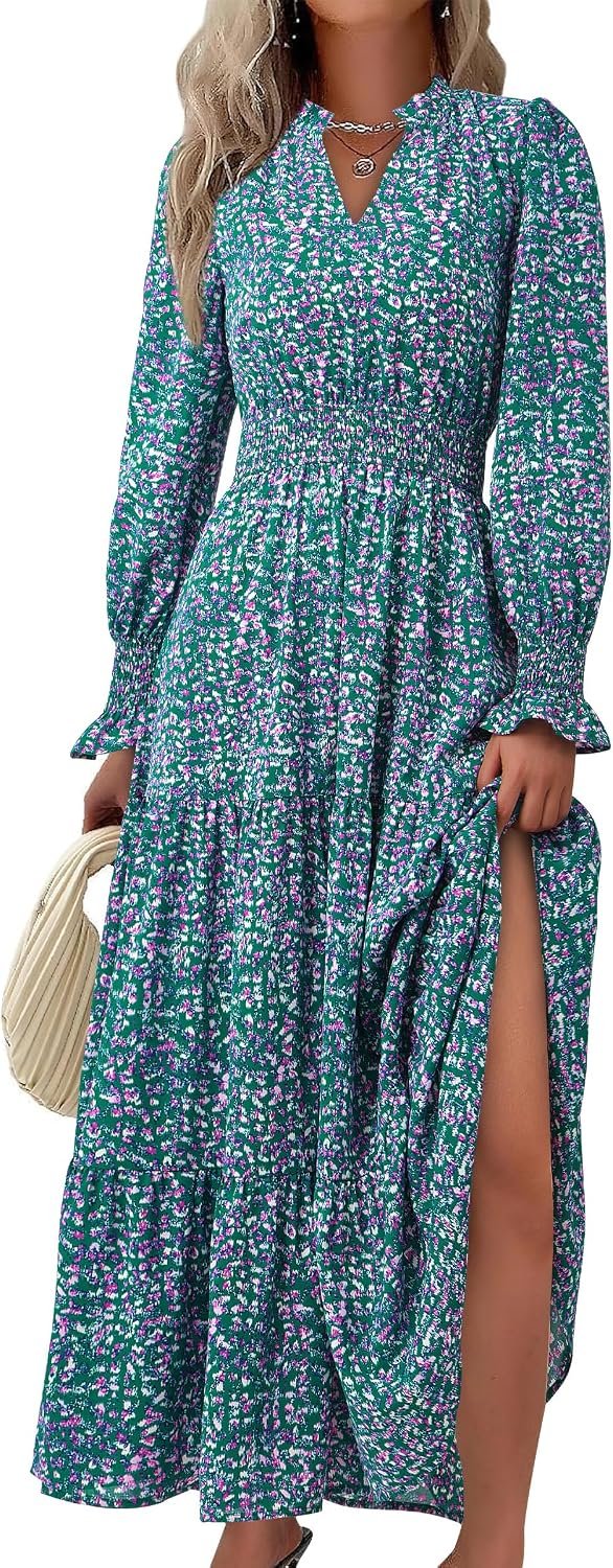 Women's Floral Maxi Dress  Fall Long Sleeve V Neck A Line Long Flowy Spring Party Boho Dresses